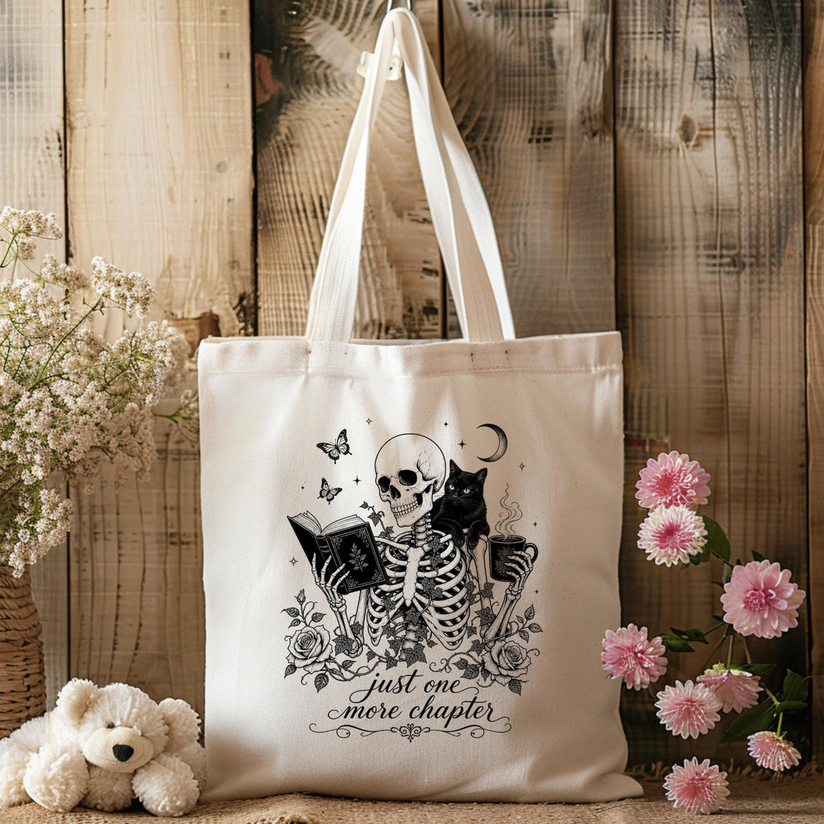 Just One More Chapter Skeleton Tote Bag
