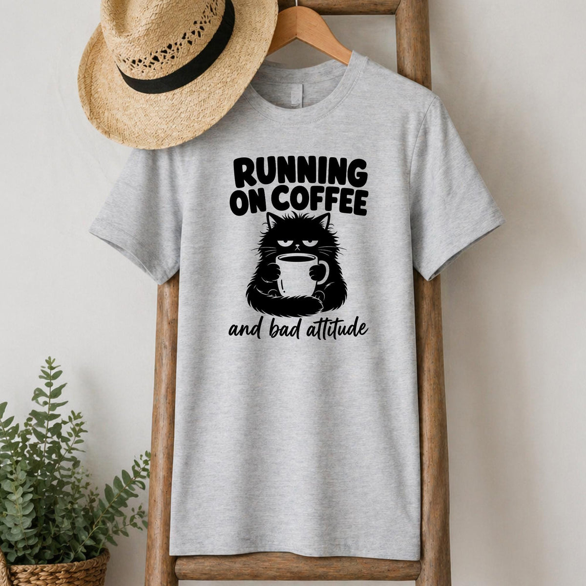 Running on Coffee and Bad Attitude Cat T-Shirt