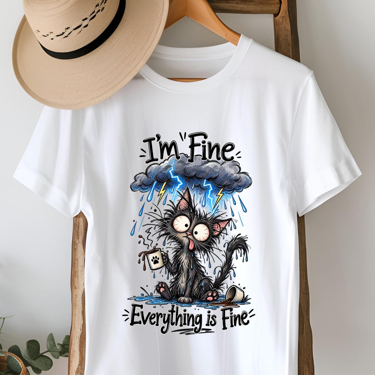 I'm Fine, Everything Is Fine Black Cat T-Shirt