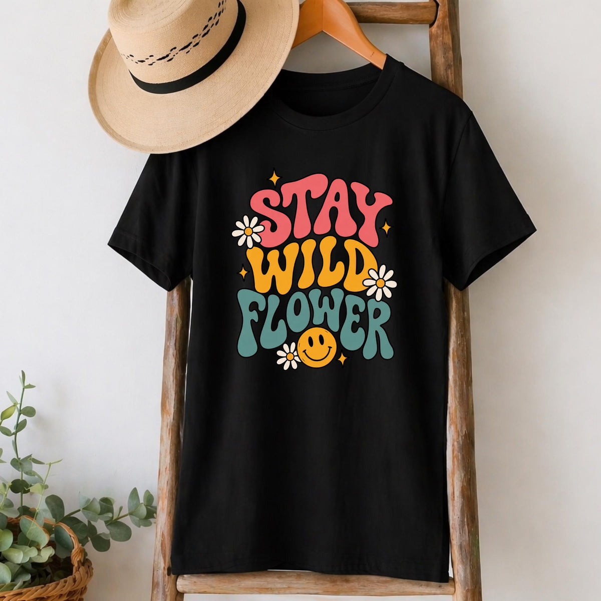 Stay Wild Flower T-Shirt in Black