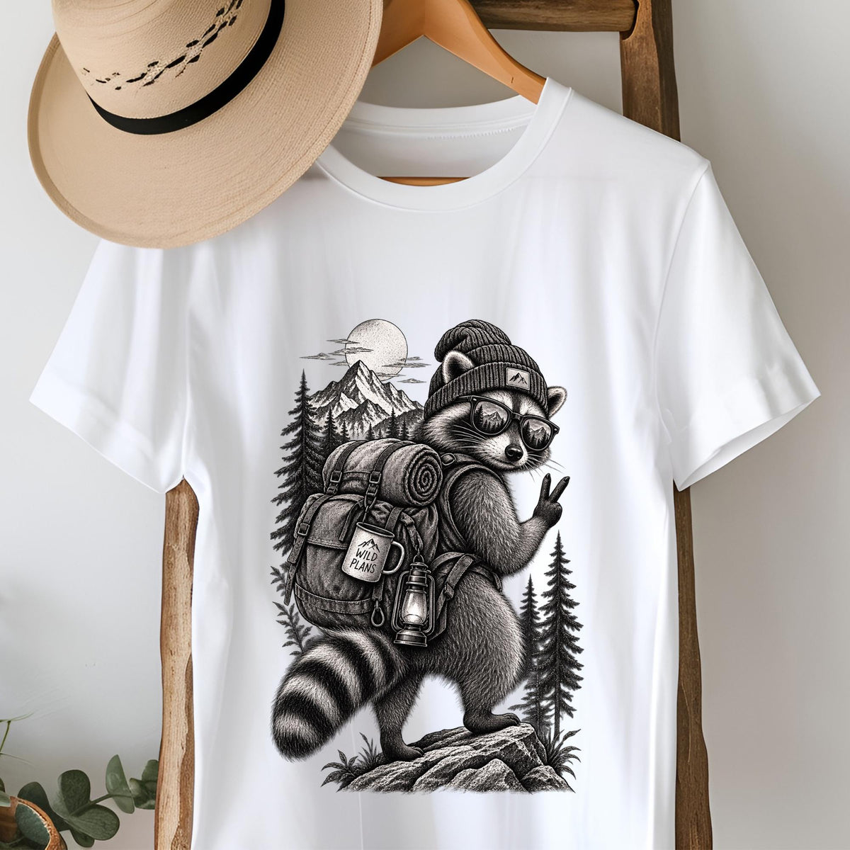 Hiking Raccoon T-Shirt in White