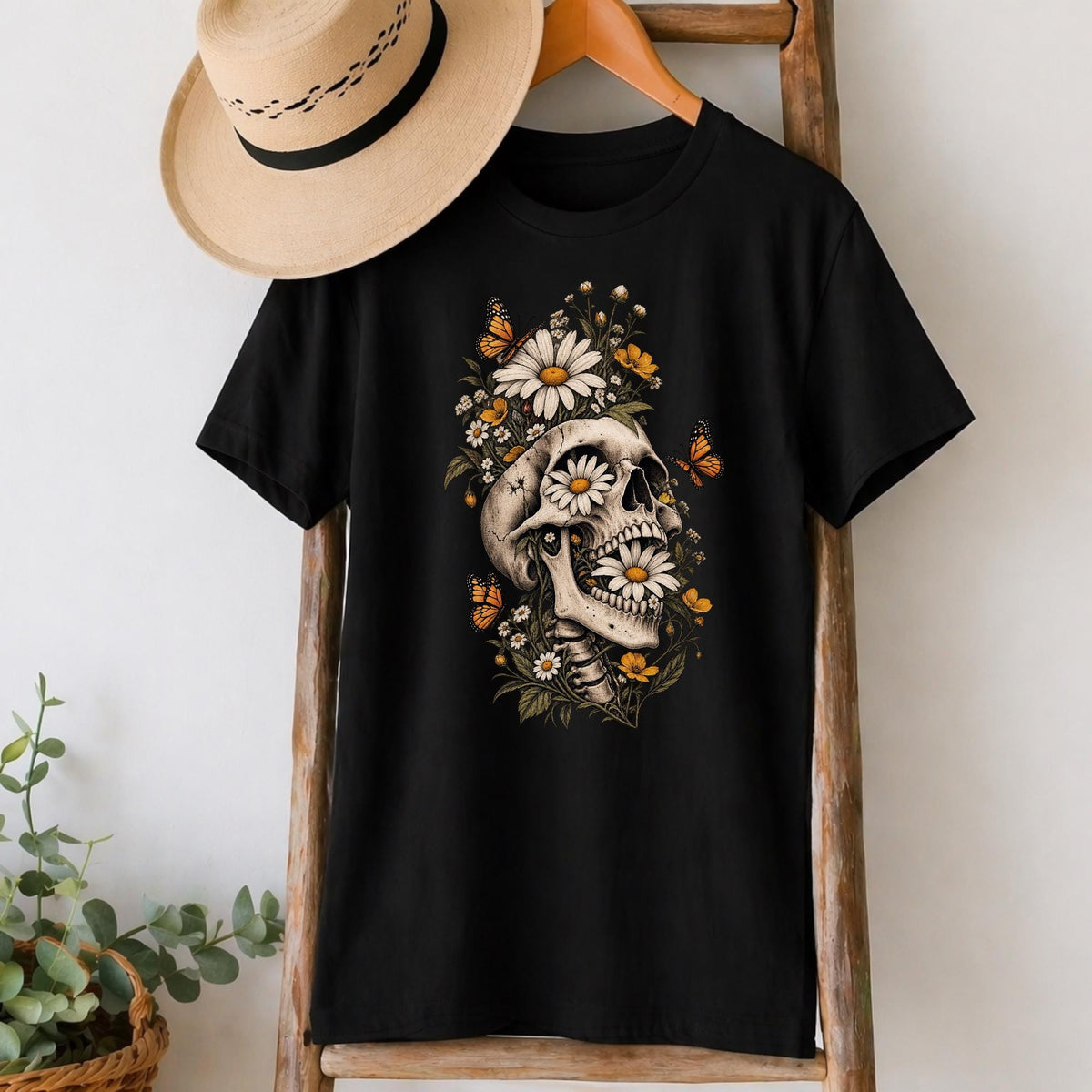 Floral Butterfly Skull T-Shirt in Black