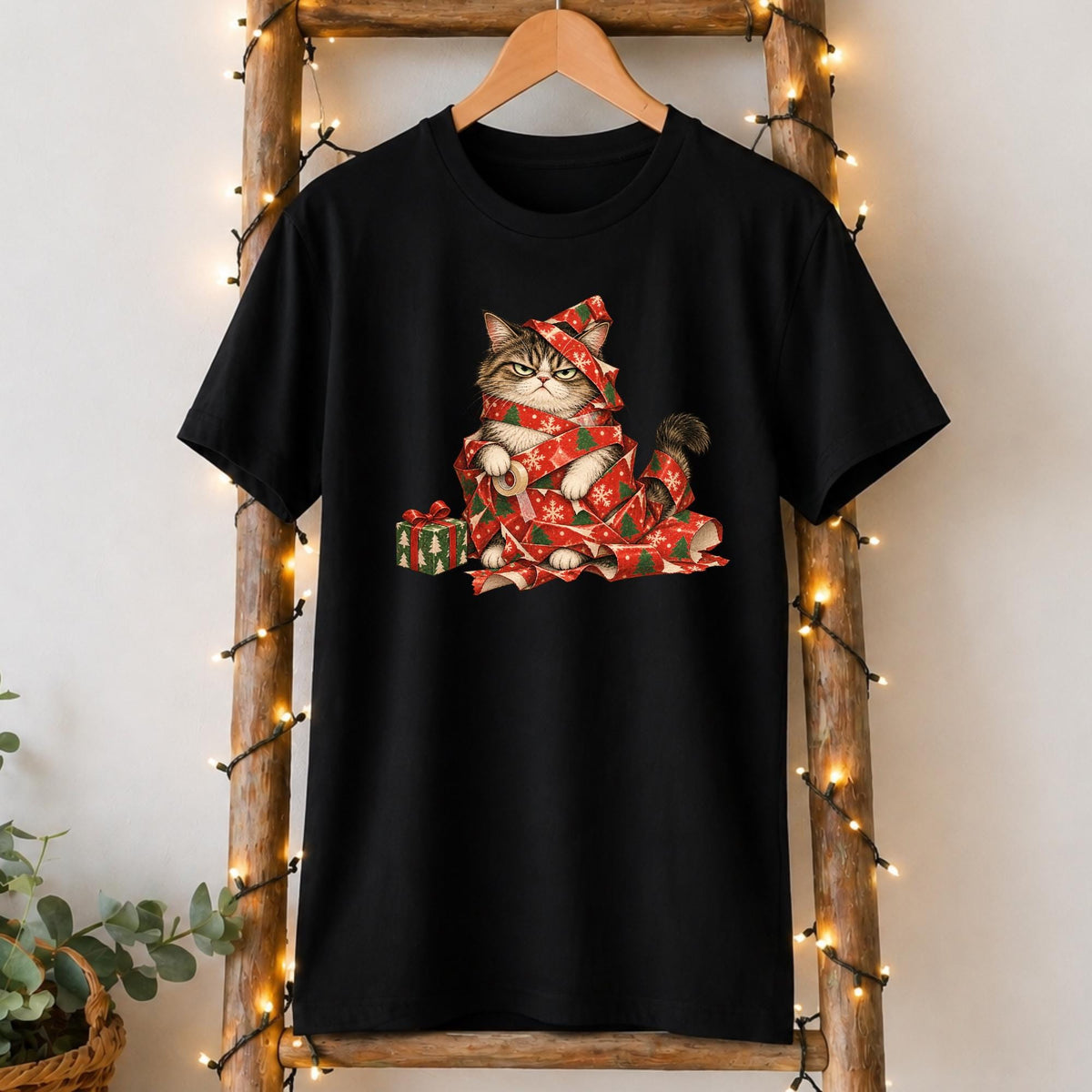 Gift-Wrapped Grumpy Cat Christmas T-Shirt