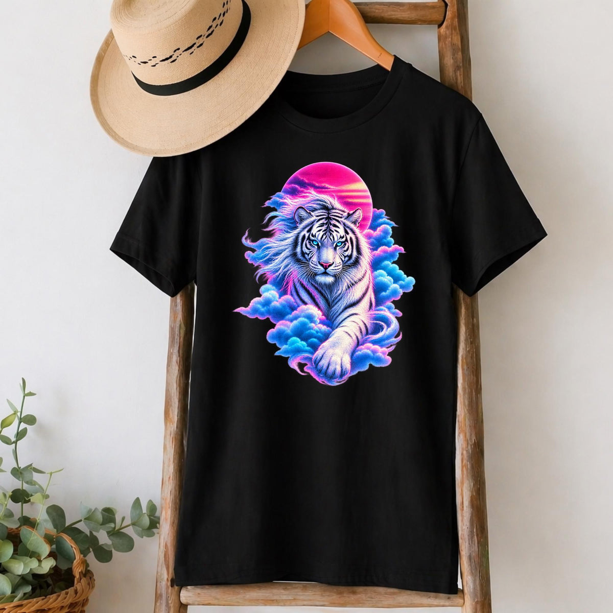 Colourful White Tiger T-Shirt in Black