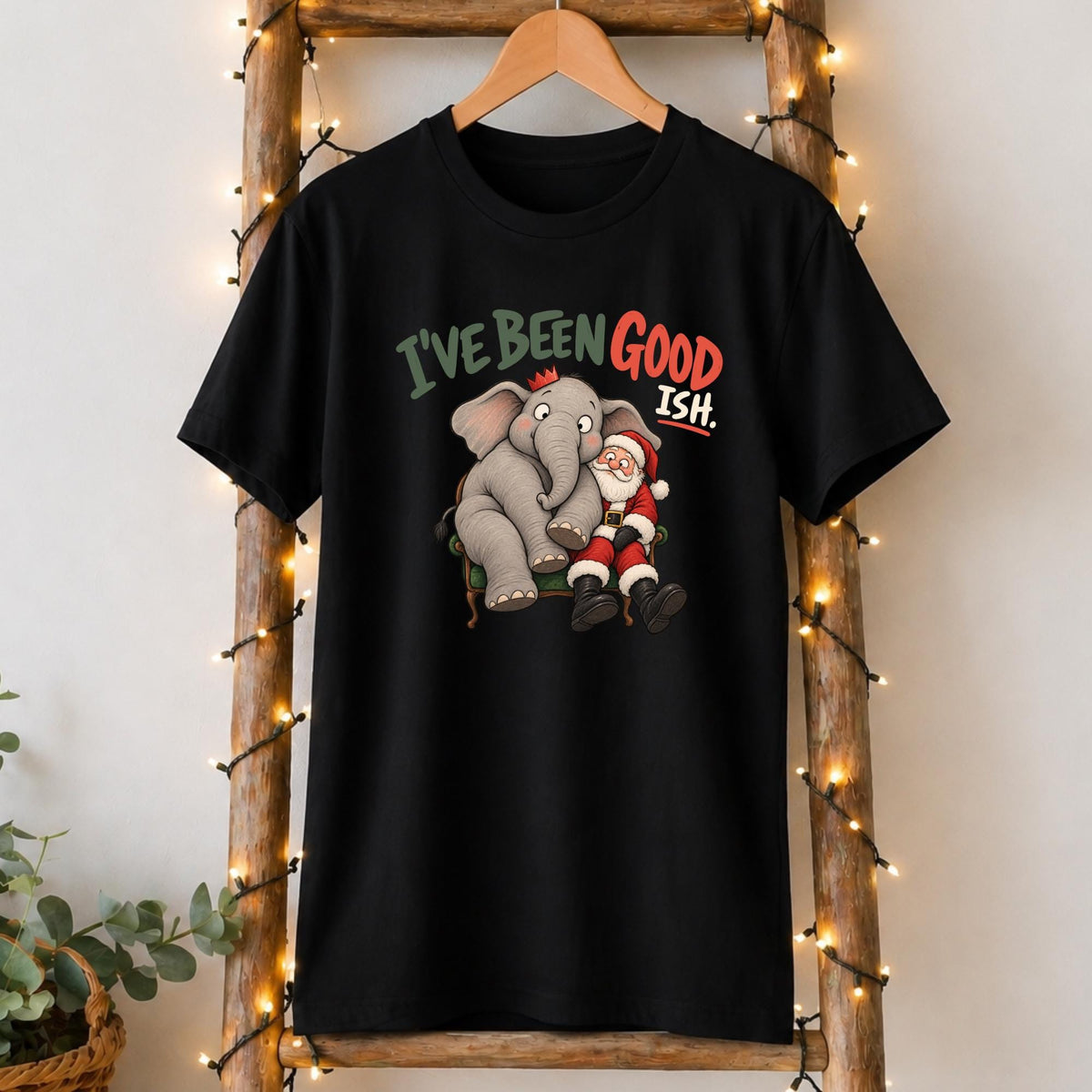 I've Been Good-ish Christmas Elephant T-Shirt in Black