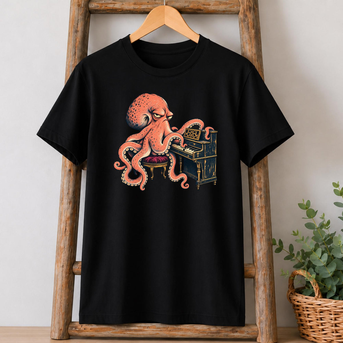 Piano-Playing Octopus T-Shirt in Black