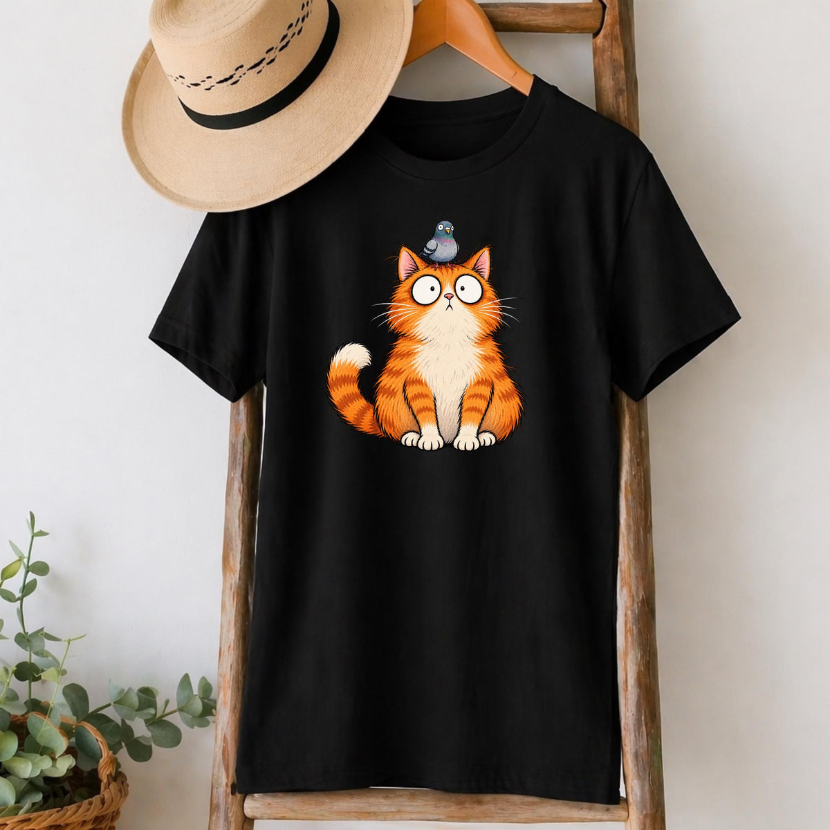 Pigeon on My Head Cat T-Shirt in Black