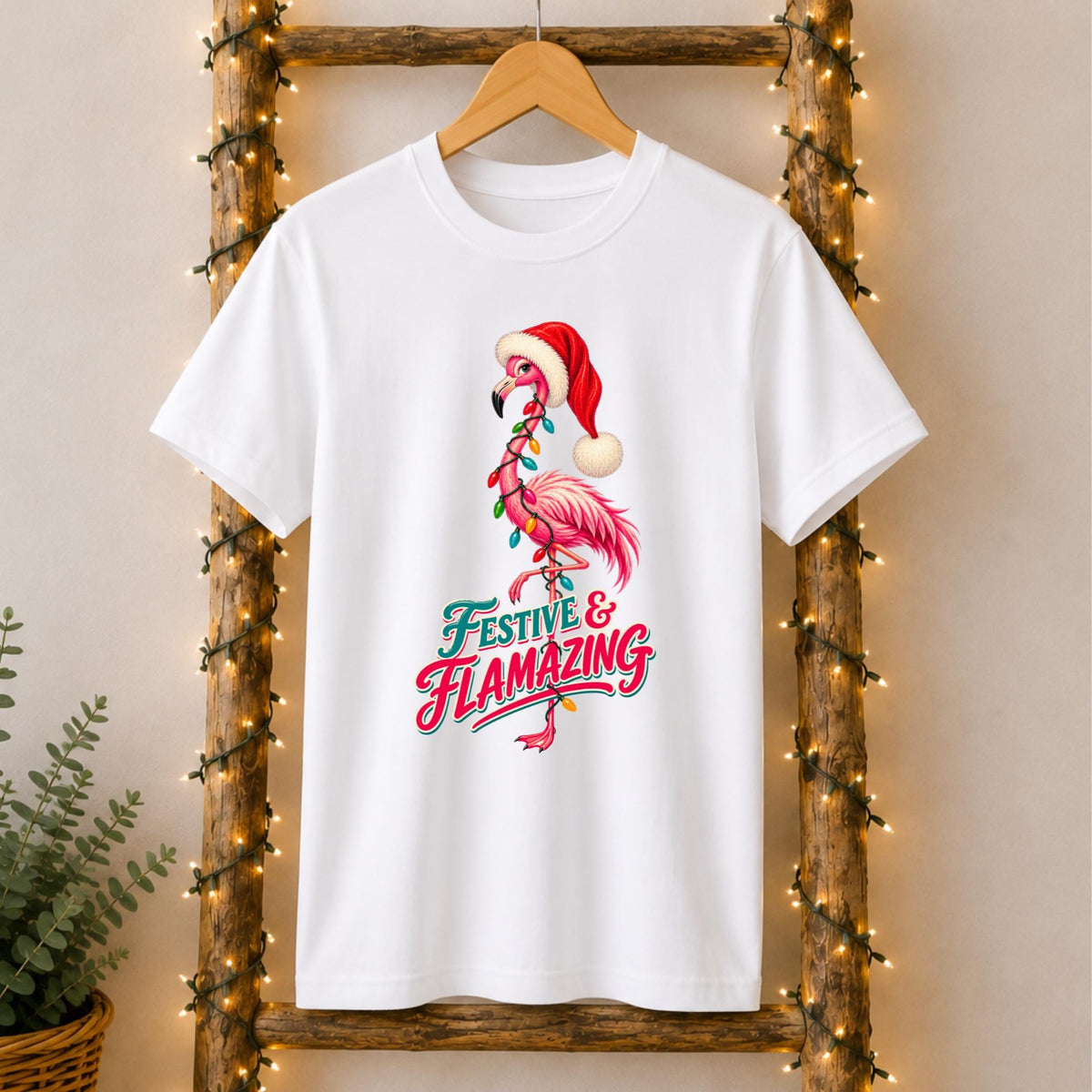 Festive and Flamazing Christmas Flamingo T-Shirt in White